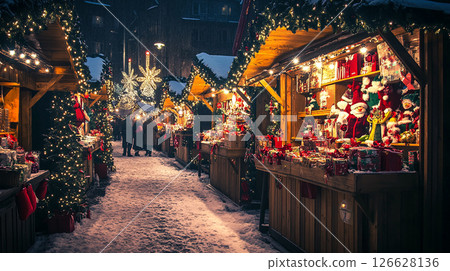 Festive winter market bustling with shoppers and decorated stalls during the evening 126628136