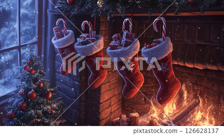 Christmas stockings hang by the fireplace next to a beautifully decorated tree with sparkling lights Christmas stockings hang by the fireplace next to a beautifully decorated tree with sparkling lights 126628137