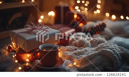 Cozy holiday setting with gifts, a warm drink, and festive decorations in soft lighting Cozy holiday setting with gifts, a warm drink, and festive decorations in soft lighting 126628141
