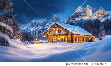 Cozy log cabin illuminated at dusk surrounded by snow-covered mountains and tall pine trees Cozy log cabin illuminated at dusk surrounded by snow-covered mountains and tall pine trees 126628142