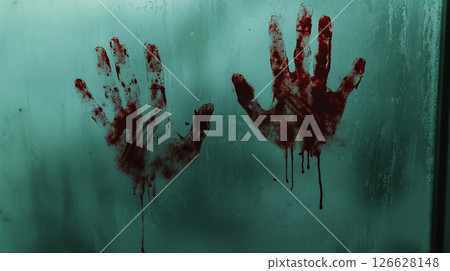 Bloody handprints on fogged glass in a dimly lit room create a chilling atmosphere of suspense and fear 126628148
