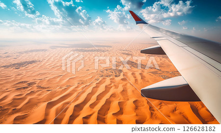 Vast desert landscape viewed from an airplane window with rolling sand dunes and striking clouds Vast desert landscape viewed from an airplane window with rolling sand dunes and striking clouds 126628182