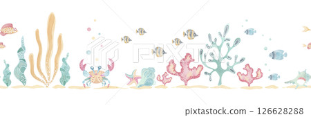 Cartoon underwater border with sea life. Seaweed, coral, shells, fish and a crab. Hand-painted watercolor illustration. Great for nursery decor, kids textiles, stationery, party supplies 126628288