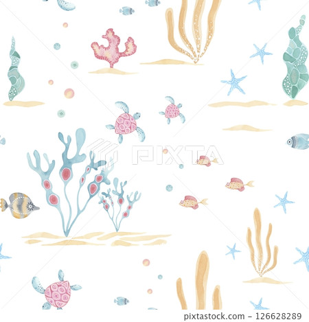 Underwater cartoon pattern. Cute sea animals and seaweeds in pastel tones. Hand-painted watercolor illustration. Perfect for nursery decor, kids textile, ocean-themed projects 126628289