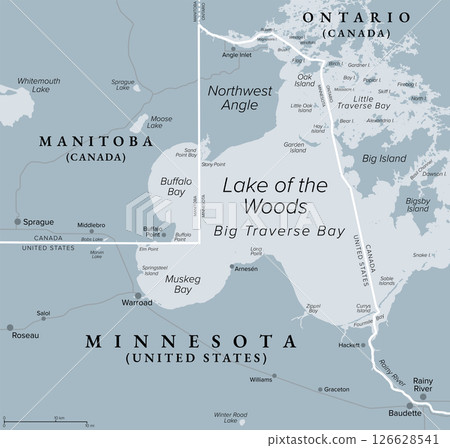 Northwest Angle, gray political map. Exclave of northern Lake of the Woods County, Minnesota, forming a border between Canada and USA. Known simply as the Angle, and coextensive with Angle Township. 126628541