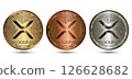 Gold, silver and bronze XRP cryptocurrency coin isolated on a white background. Financial business. XRP coin set. 126628682
