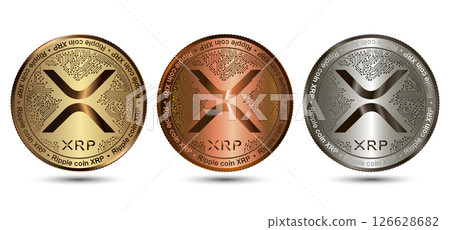 Gold, silver and bronze XRP cryptocurrency coin isolated on a white background. Financial business. XRP coin set. 126628682