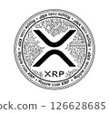 Cryptocurrency coin XRP. The coin is depicted in black and white. Financial business. Vector illustration. 126628685