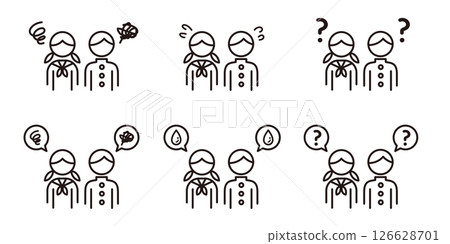 Pictograms of negative emotions. Icons of people who are worried, confused, or in trouble. Pictograms of negative emotions. Icons of people who are worried, confused, or in trouble. 126628701