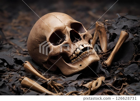Old human bones scattered on the ground 126628731