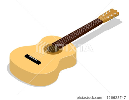 Isometric concert classical six string guitar top view. Guitarist musical instrument of author. Realistic 3D vector concept isolated on white background 126628747
