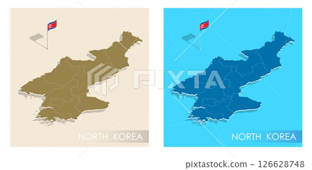 North Korea country flag installed on geographic positioning map point of country territory. DPRK commonwealth banner on land and sea. Festive patriotic HD format template for independence day 126628748