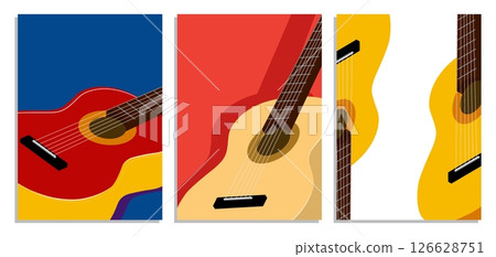 Three dimensional classical six string guitar vertical poster A4 set. Guitarist musical instrument. Minimalist classical guitar music evening vector flyer templates Three dimensional classical six string guitar vertical poster A4 set. Guitarist musical instrument. Minimalist classical guitar music evening vector flyer templates 126628751