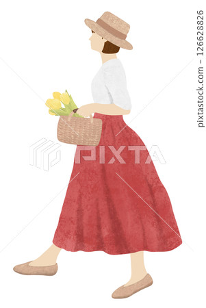 Woman in a red skirt holding yellow flowers 126628826