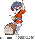 SD illustration of a Japanese man wearing a happi coat and playing a Japanese drum at a festival 126628840