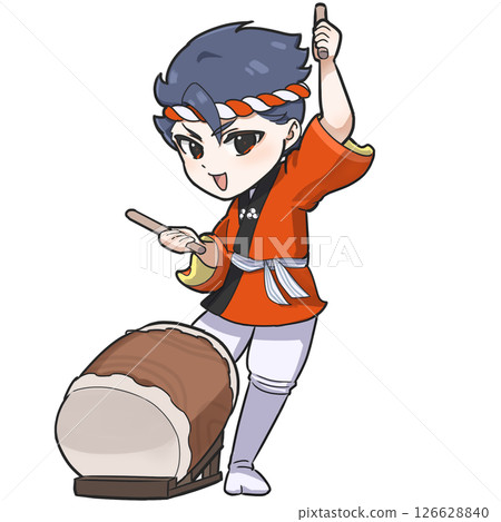 SD illustration of a Japanese man wearing a happi coat and playing a Japanese drum at a festival 126628840