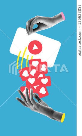 Abstract art collage. Floating play button rains likes into open palms, symbolizing pursuit of viral blogging success and public approval Abstract art collage. Floating play button rains likes into open palms, symbolizing pursuit of viral blogging success and public approval 126628852