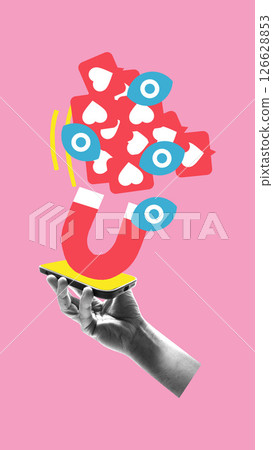 Surreal artwork. Hand holding smartphone topped with magnet pulls eyes and likes, showing obsession with visibility and reach in digital life Surreal artwork. Hand holding smartphone topped with magnet pulls eyes and likes, showing obsession with visibility and reach in digital life 126628853