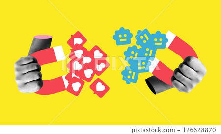 Composite art collage Two fists hold magnets attracting red hearts and blue bots, representing real audience vs artificial boost in digital space. Composite art collage Two fists hold magnets attracting red hearts and blue bots, representing real audience vs artificial boost in digital space. 126628870