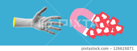 Banner. Surreal artwork. Open palm reaches toward heart-filled magnet, creating metaphor for human need to grasp social love online 126628871