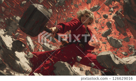 Female warrior wielding a hammer | Dynamic illustration of a powerful action scene / Symbolic scrap and build Female warrior wielding a hammer | Dynamic illustration of a powerful action scene / Symbolic scrap and build 126629016