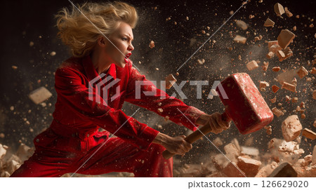Female warrior wielding a hammer | Dynamic illustration of a powerful action scene / Symbolic scrap and build 126629020