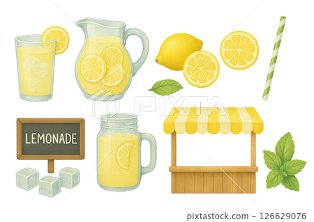Png set of lemonade objects including glasses, pitcher, lemons, and stand isolated on transparent background. concept of summer refreshment, lemonade stand, fresh drinks. Png set of lemonade objects including glasses, pitcher, lemons, and stand isolated on transparent background. concept of summer refreshment, lemonade stand, fresh drinks. 126629076