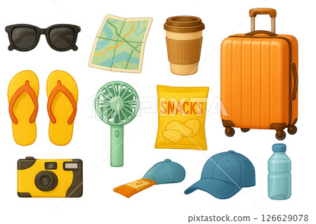 Png set of summer road trip essentials including sunglasses, map, coffee, luggage, flip-flops, fan, camera, snacks, cap, water bottle isolated on transparent background. 126629078