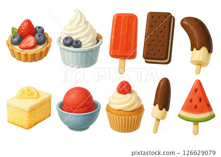 Png summer dessert medley with cakes, ice cream, and fruity treats isolated on transparent background. concept of seasonal sweets, refreshing snacks, party desserts. 126629079