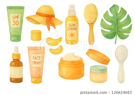 Png watercolor summer skincare set with spf creams, sunscreen, and accessories isolated on transparent background. concept of sun protection, beauty routine, vacation essentials. Png watercolor summer skincare set with spf creams, sunscreen, and accessories isolated on transparent background. concept of sun protection, beauty routine, vacation essentials. 126629083