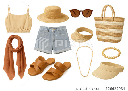 Png set of summer women's wardrobe essentials isolated on transparent background. concept of seasonal fashion, casual wear, and trendy accessories. perfect cut out for design projects. 126629084