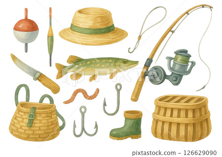 Png watercolor fishing set with hat, fish, hooks, and gear isolated on transparent background. concept of fishing clip art, outdoor adventure, nature illustration, equipment elements. Png watercolor fishing set with hat, fish, hooks, and gear isolated on transparent background. concept of fishing clip art, outdoor adventure, nature illustration, equipment elements. 126629090