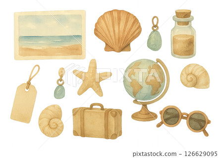 Png vintage beach travel elements set with seashells, globe, and postcard isolated on transparent background. concept of vacation decor, nautical theme, oceanside relaxation clip art 126629095