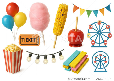 Png set of fairground elements with balloons, cotton candy, popcorn, tickets, and ferris wheels isolated on transparent background. concept of carnival decor and amusement park fun. Png set of fairground elements with balloons, cotton candy, popcorn, tickets, and ferris wheels isolated on transparent background. concept of carnival decor and amusement park fun. 126629098
