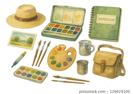 Png watercolor art set with brushes, palette, hat, notebook, and cups isolated on transparent background. concept of painting essentials, artist supplies, creative toolkit illustration Png watercolor art set with brushes, palette, hat, notebook, and cups isolated on transparent background. concept of painting essentials, artist supplies, creative toolkit illustration 126629100