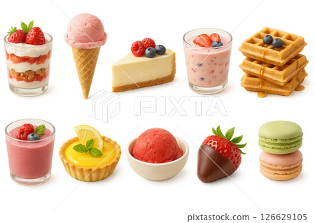 Png delicious summer desserts set with ice cream, cheesecakes, and waffles isolated on transparent background. concept of sweet treats, cafe menu, dessert selections. 126629105