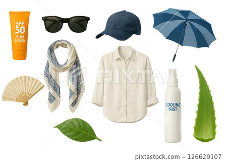 Png summer protection set with sun screen, accessories, and cooling mist isolated on transparent background. concept of sun safety, travel essentials, outdoor comfort. 126629107