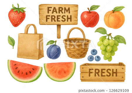 Png watercolor farm market set with fresh fruits, baskets, and wooden signs isolated on transparent background. concept of farmer's market decor, organic produce, rustic illustration. 126629109