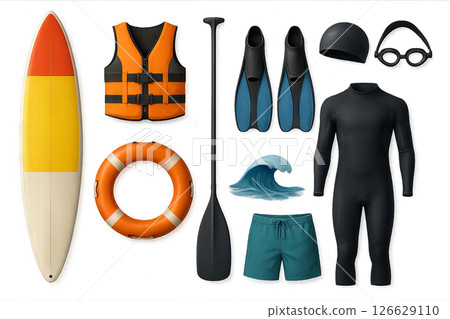 Png set of summer water sports equipment isolated on transparent background. concept of surfing gear, safety equipment, aquatic adventure, paddleboard elements, beach fun. 126629110