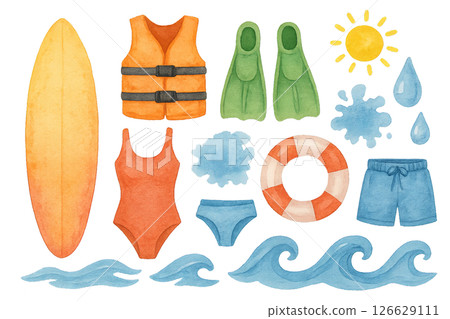 Png watercolor set of sports water equipment and swimwear isolated on transparent background. concept of beach activities, water sports gear, summer vacation essentials 126629111