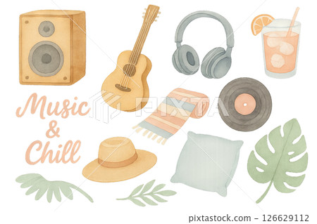 Png watercolor summer music instruments set with acoustic guitar, vinyl, speaker, tropical leaves, and drink isolated on transparent background. concept of relaxing vibes, musical decor, artistic 126629112
