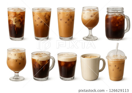 Png set of iced coffee drinks variety with different styles and presentations isolated on transparent background. concept of cold beverages, coffee shop menu, summer drink selection 126629113