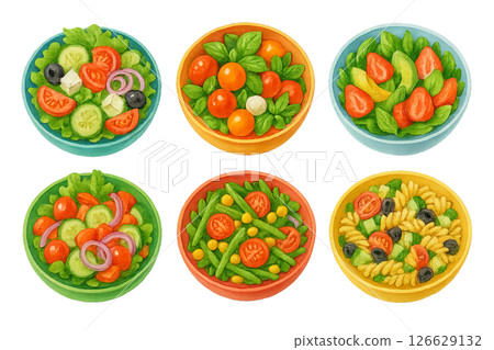 Png set of colorful summer salads with fresh vegetables isolated on transparent background. concept of healthy food, summer dishes, vibrant meal, salad illustration. watercolor Png set of colorful summer salads with fresh vegetables isolated on transparent background. concept of healthy food, summer dishes, vibrant meal, salad illustration. watercolor 126629132