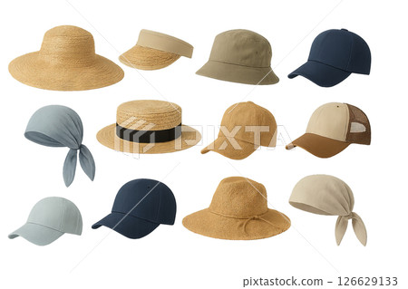 Png set of summer hats and headwear collection isolated on transparent background. concept of stylish accessories, sun protection, fashion essentials, headgear illustration. 126629133