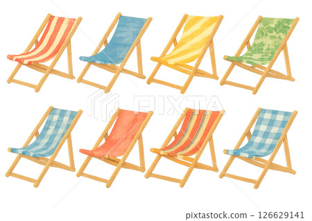 Png set of colorful beach chairs with striped and patterned fabric isolated on transparent background. concept of seaside furniture, summer decor, outdoor leisure elements. 126629141