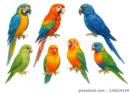 Png set of vibrant watercolor parrots in various colors isolated on transparent background. concept of tropical birds, exotic wildlife, colorful parrot illustration for design. 126629149