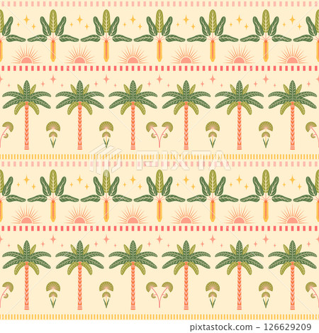 Tropical border seamless pattern vector illustration. Horizontal summer design with palm trees, stars, half sun elements, dashed lines on light background. Nostalgic boho retro-inspired repeat tile Tropical border seamless pattern vector illustration. Horizontal summer design with palm trees, stars, half sun elements, dashed lines on light background. Nostalgic boho retro-inspired repeat tile 126629209