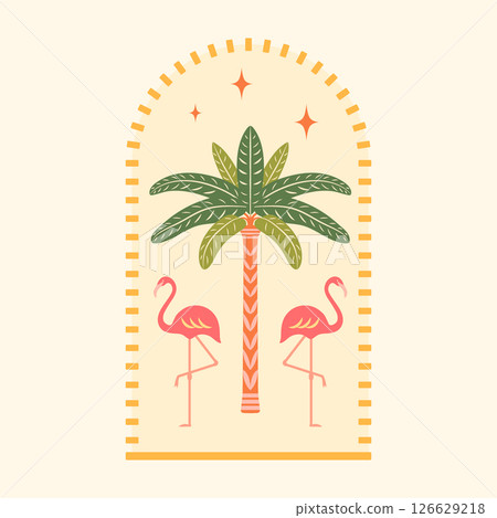 Flamingo birds and palm tree vector illustration. Stylized Art deco arch with summer tropical symmetrical composition. Pink flamingos, exotic palm on light cream background for cards, posters, print Flamingo birds and palm tree vector illustration. Stylized Art deco arch with summer tropical symmetrical composition. Pink flamingos, exotic palm on light cream background for cards, posters, print 126629218