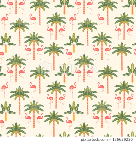 Tropical summer vector seamless pattern illustration. Exotic jungle vacation repeat tile with flamingos, symmetrical palm trees on light background. Stylized modern bright playful Art deco design Tropical summer vector seamless pattern illustration. Exotic jungle vacation repeat tile with flamingos, symmetrical palm trees on light background. Stylized modern bright playful Art deco design 126629220