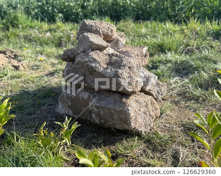 Stone for garden decoration. The limestone in a strange shape, in the garden 126629360